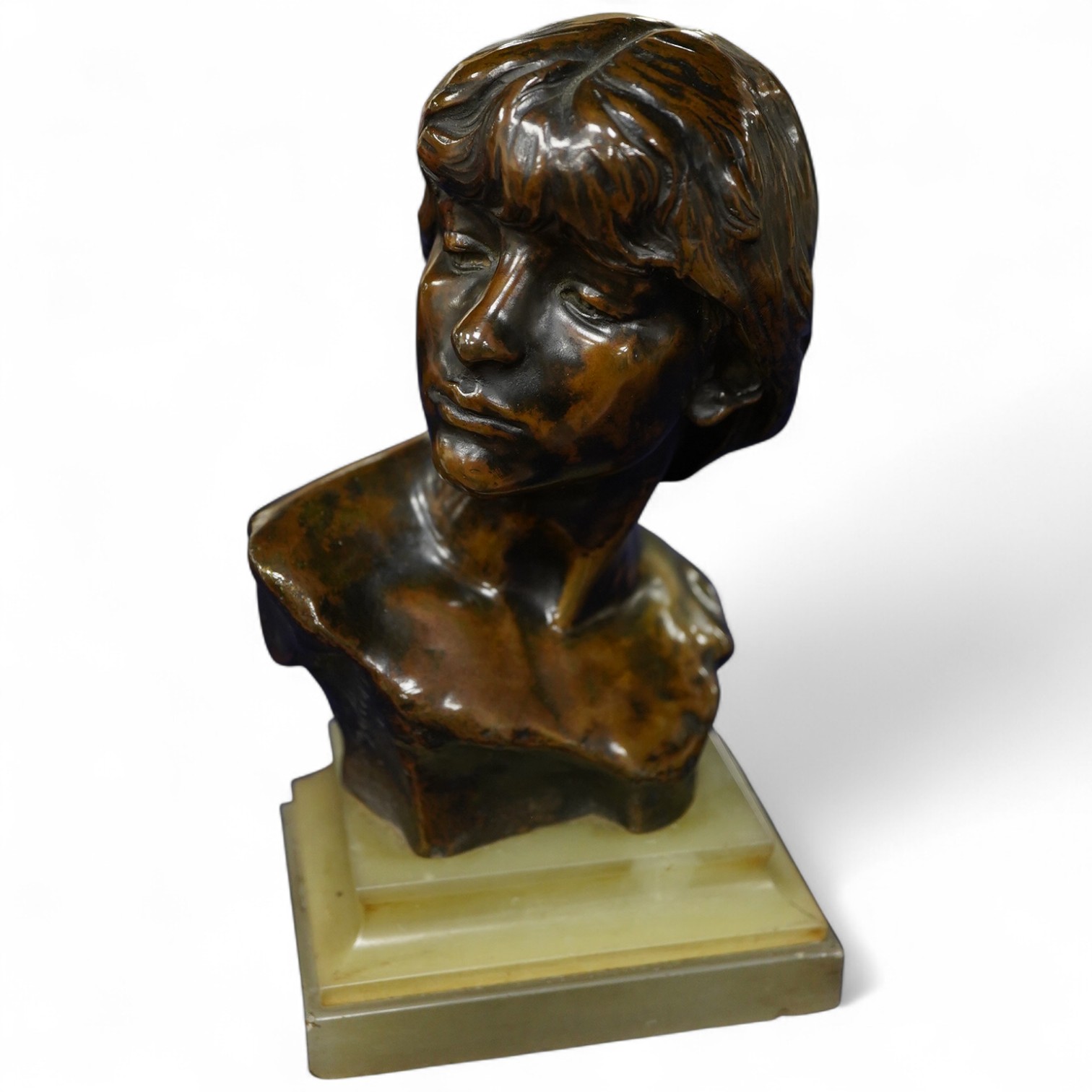 Jean-Antoine Injalbert (1845-1933) - patinated bronze portrait bust, on green onyx base, 20cm